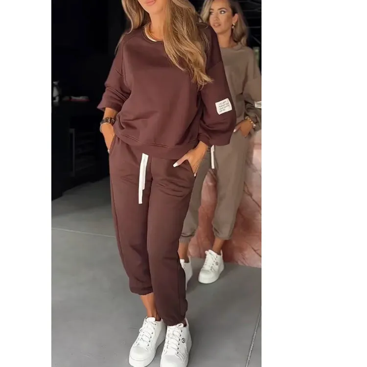 Casual women's wide leg trousers suit set in khaki, including top and wide leg trousers, polyester fabric, S to 5XL Asian sizing