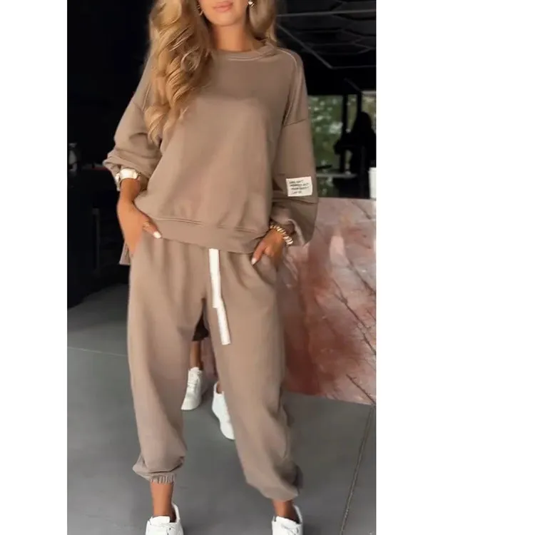 Casual women's wide leg trousers suit set in khaki, including top and wide leg trousers, polyester fabric, S to 5XL Asian sizing
