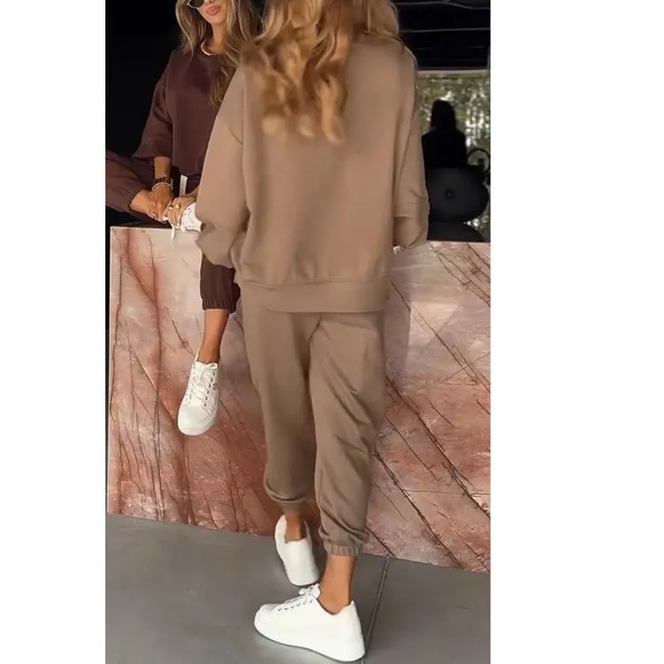 Casual women's wide leg trousers suit set in khaki, including top and wide leg trousers, polyester fabric, S to 5XL Asian sizing