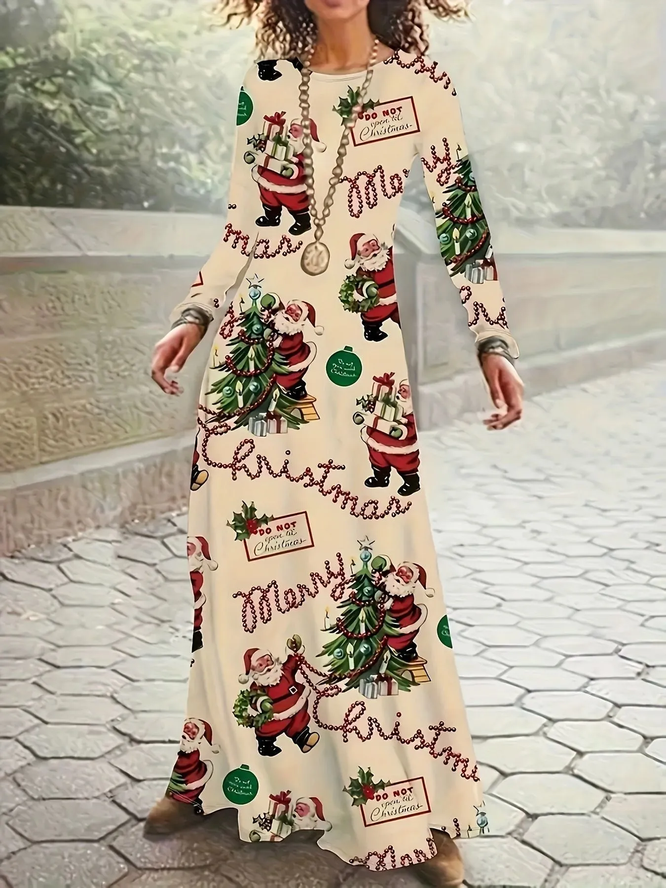 Santa Claus printed long sleeve polyester dress in beige with leather stitching details
