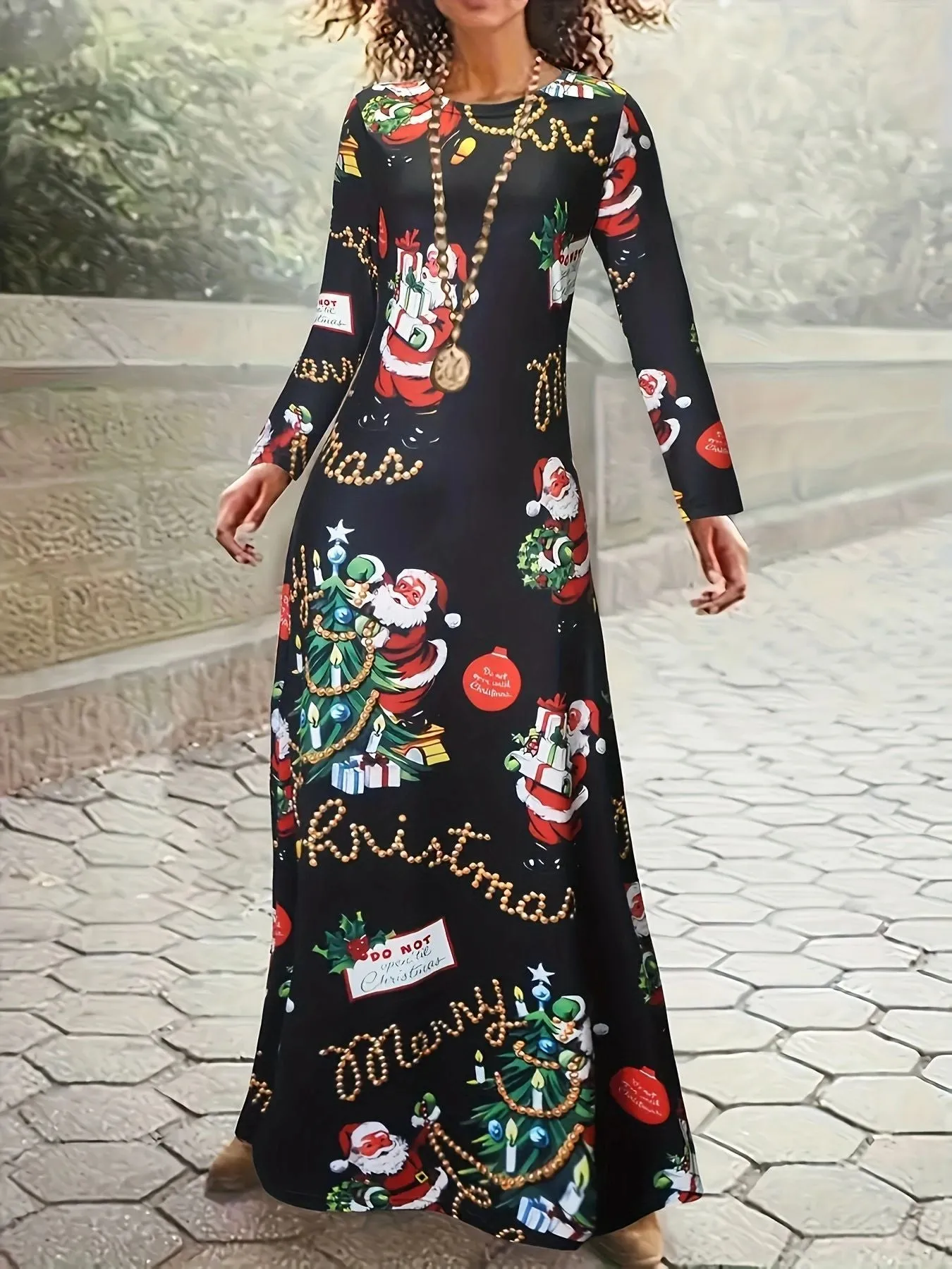 Santa Claus printed long sleeve polyester dress in beige with leather stitching details