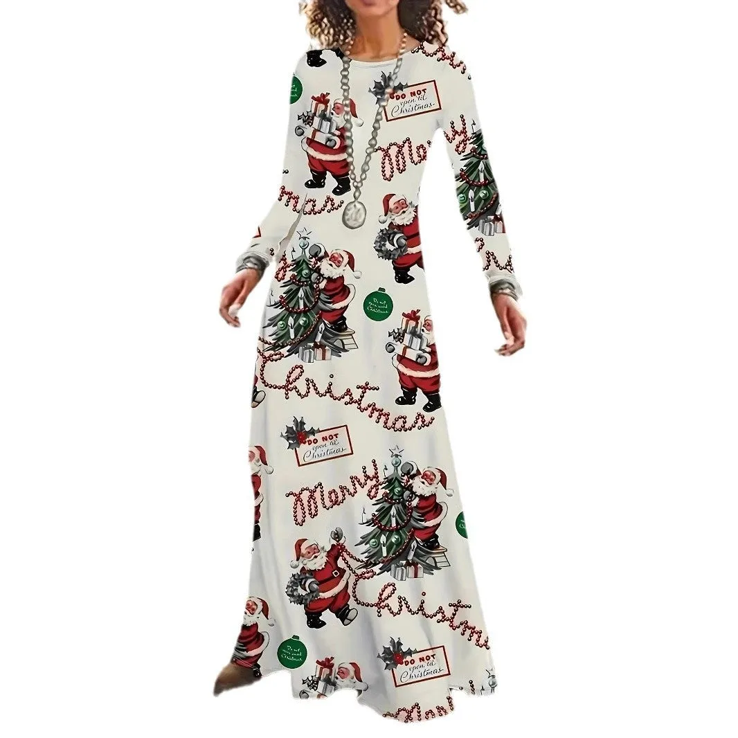Santa Claus printed long sleeve polyester dress in beige with leather stitching details