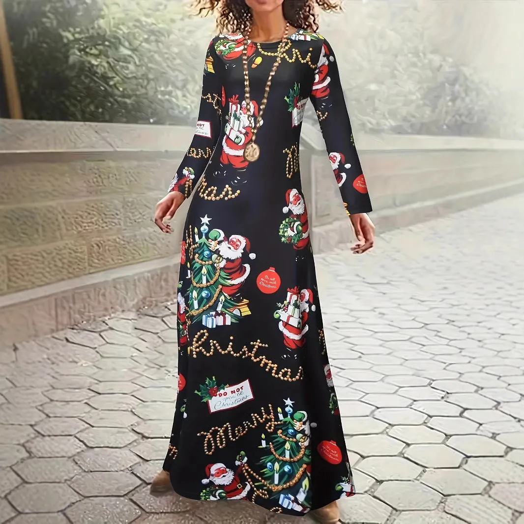 Santa Claus printed long sleeve polyester dress in beige with leather stitching details