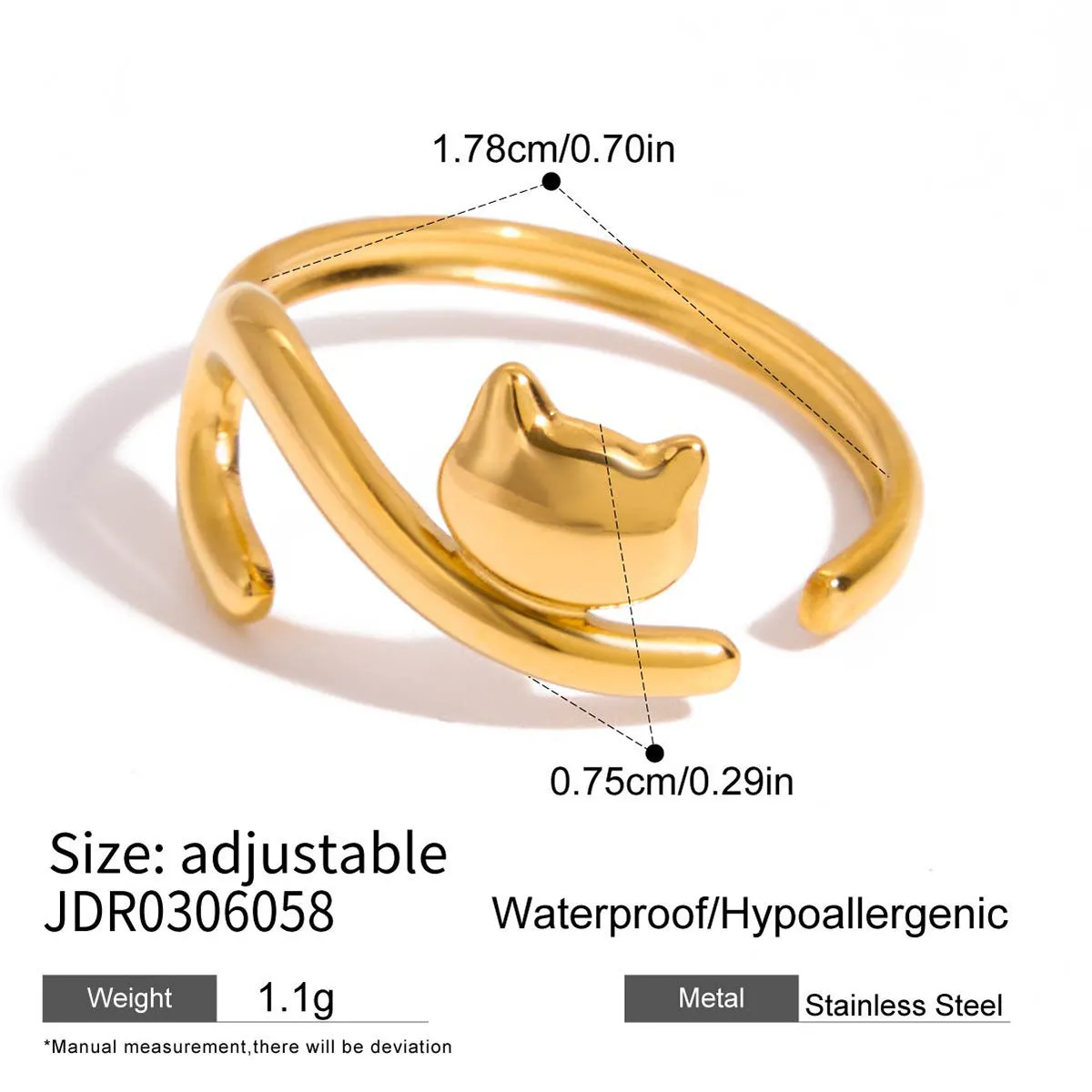Niche design stainless steel ring with cat and dog geometric shape for women, electroplated finish, multiple colour options