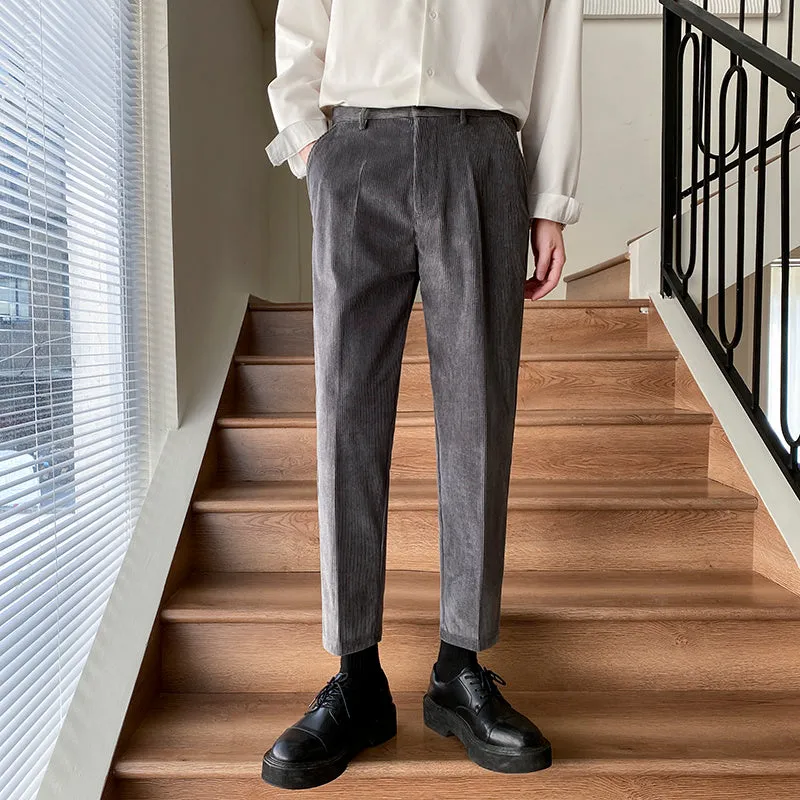 Non-ironing wool blend straight-leg trousers in black, ankle-length style for young men