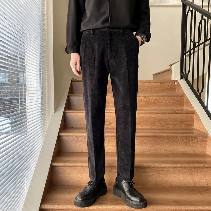 Non-ironing wool blend straight-leg trousers in black, ankle-length style for young men
