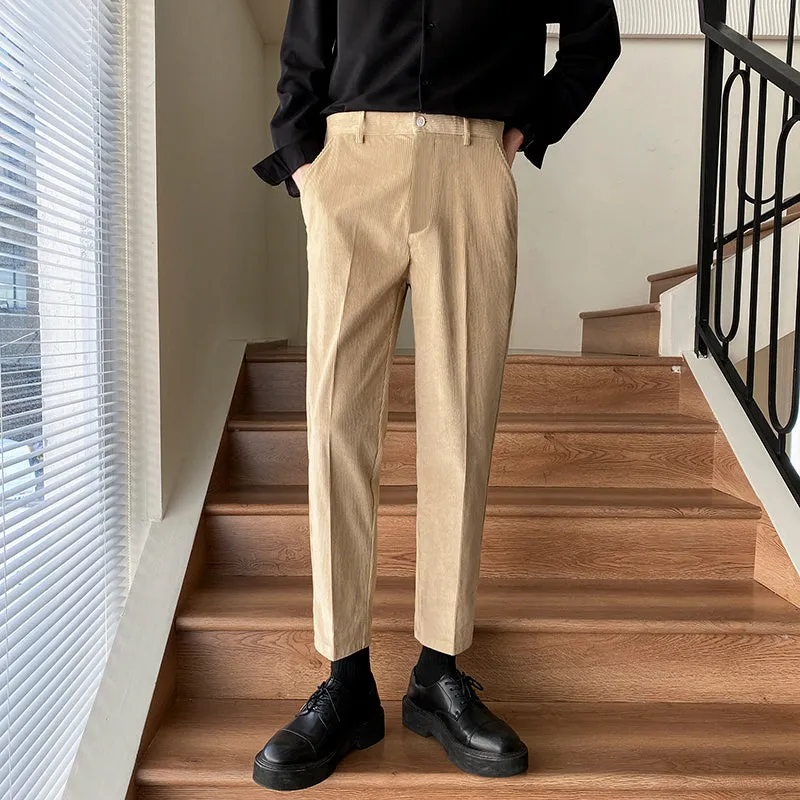 Non-ironing wool blend straight-leg trousers in black, ankle-length style for young men