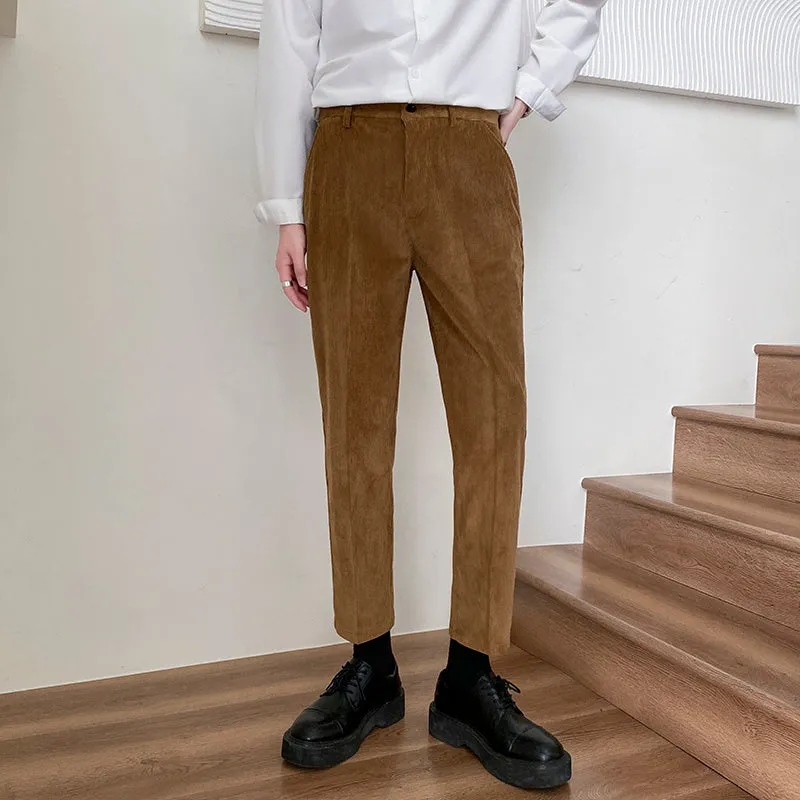 Non-ironing wool blend straight-leg trousers in black, ankle-length style for young men