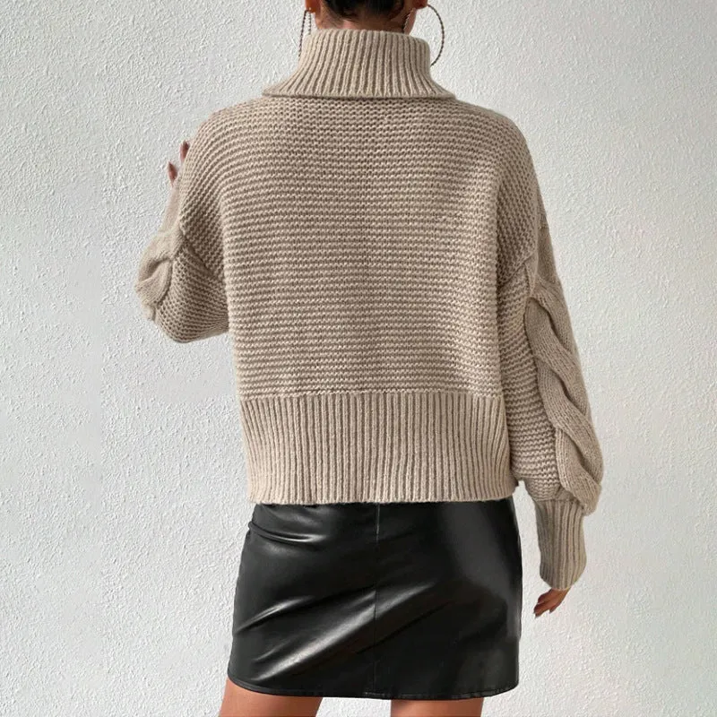Women's twist thread solid colour loose fit pullover sweater in camel, long sleeves, polyester knit