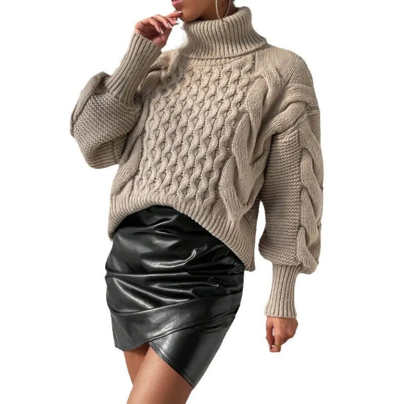 Women's twist thread solid colour loose fit pullover sweater in camel, long sleeves, polyester knit