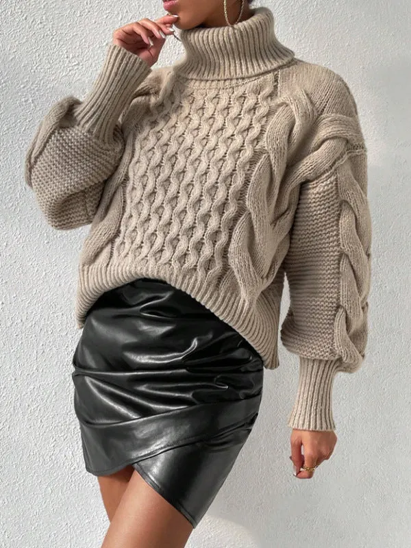 Women's twist thread solid colour loose fit pullover sweater in camel, long sleeves, polyester knit