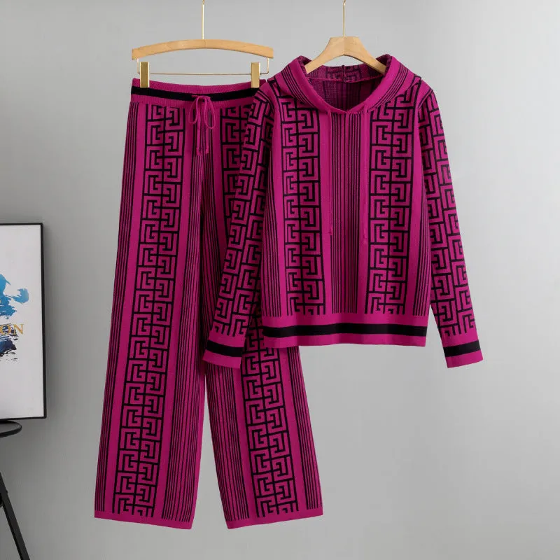 Women's casual knit suit set with hooded sweater top and wide-leg trousers in viscose fibre, available in khaki, black, rose red, and brown colours.