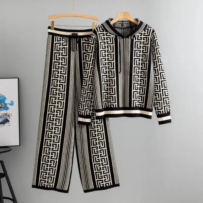 Women's casual knit suit set with hooded sweater top and wide-leg trousers in viscose fibre, available in khaki, black, rose red, and brown colours.