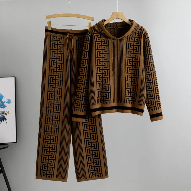 Women's casual knit suit set with hooded sweater top and wide-leg trousers in viscose fibre, available in khaki, black, rose red, and brown colours.