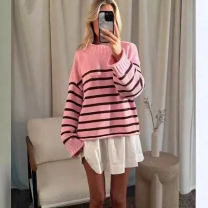 Stripe warm knitted pullover in thick chenille, loose fit, round neck, long sleeves, pink colour