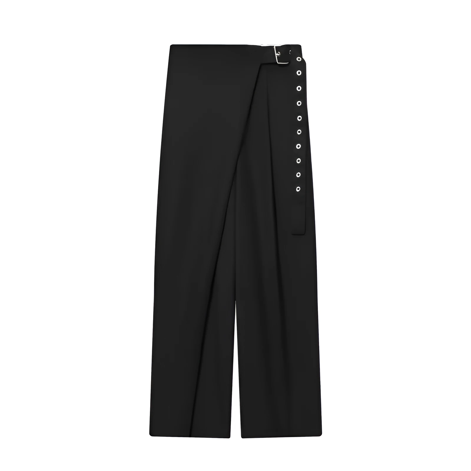 Wool blend wrap design trousers for women black mid waist straight leg inelastic fabric