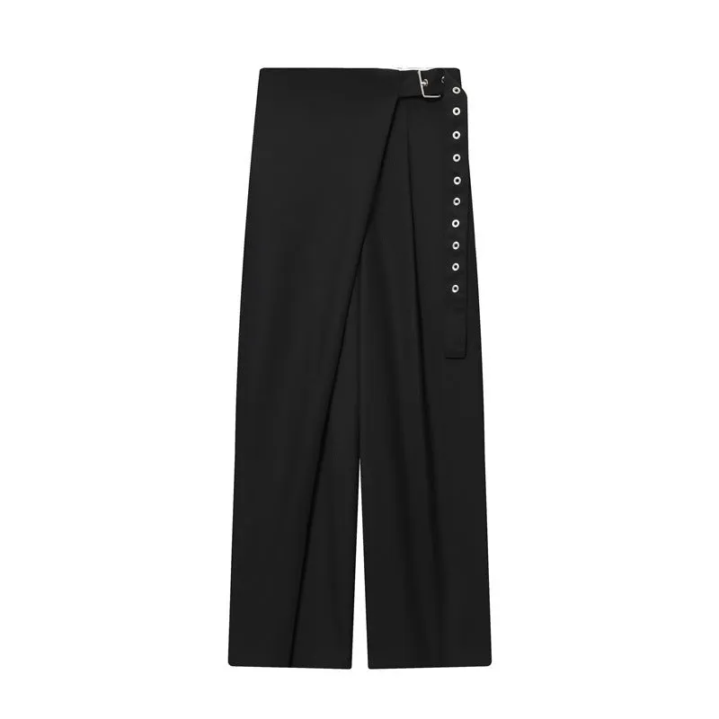 Wool blend wrap design trousers for women black mid waist straight leg inelastic fabric