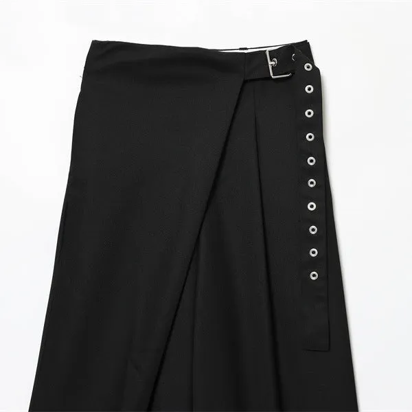 Wool blend wrap design trousers for women black mid waist straight leg inelastic fabric