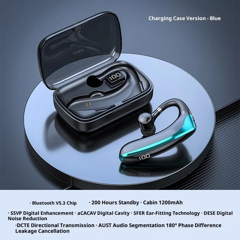 Digital display ear-mounted single-ear bone conduction sports Bluetooth headset, high-gloss black with fluorescent green accents