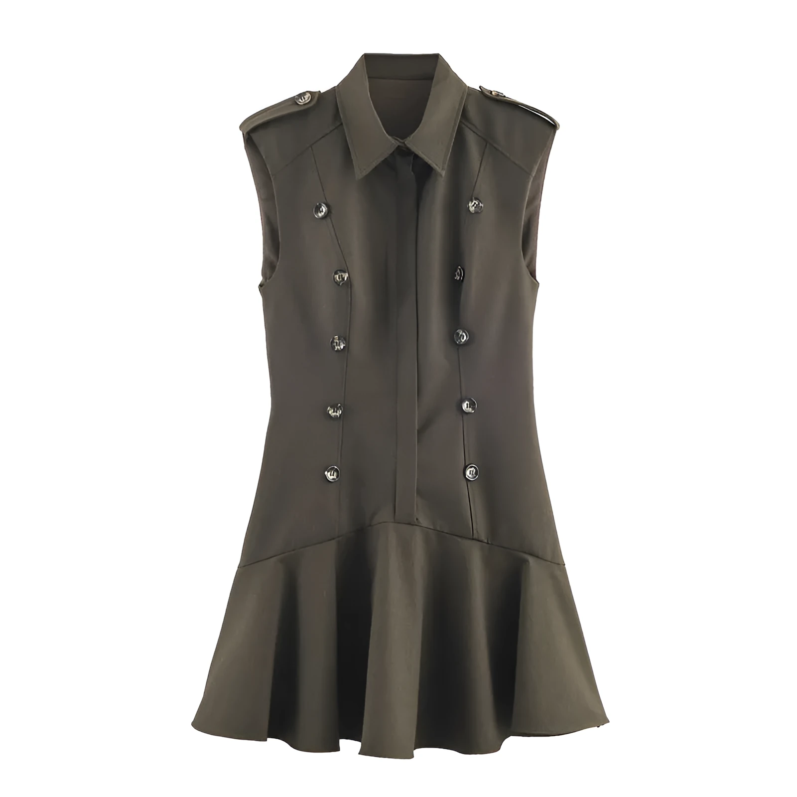 Women's short dress with padded shoulder laminated decoration, striped pattern, asymmetric hem, long sleeves, mid waist