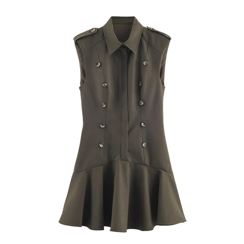 Women's short dress with padded shoulder laminated decoration, striped pattern, asymmetric hem, long sleeves, mid waist