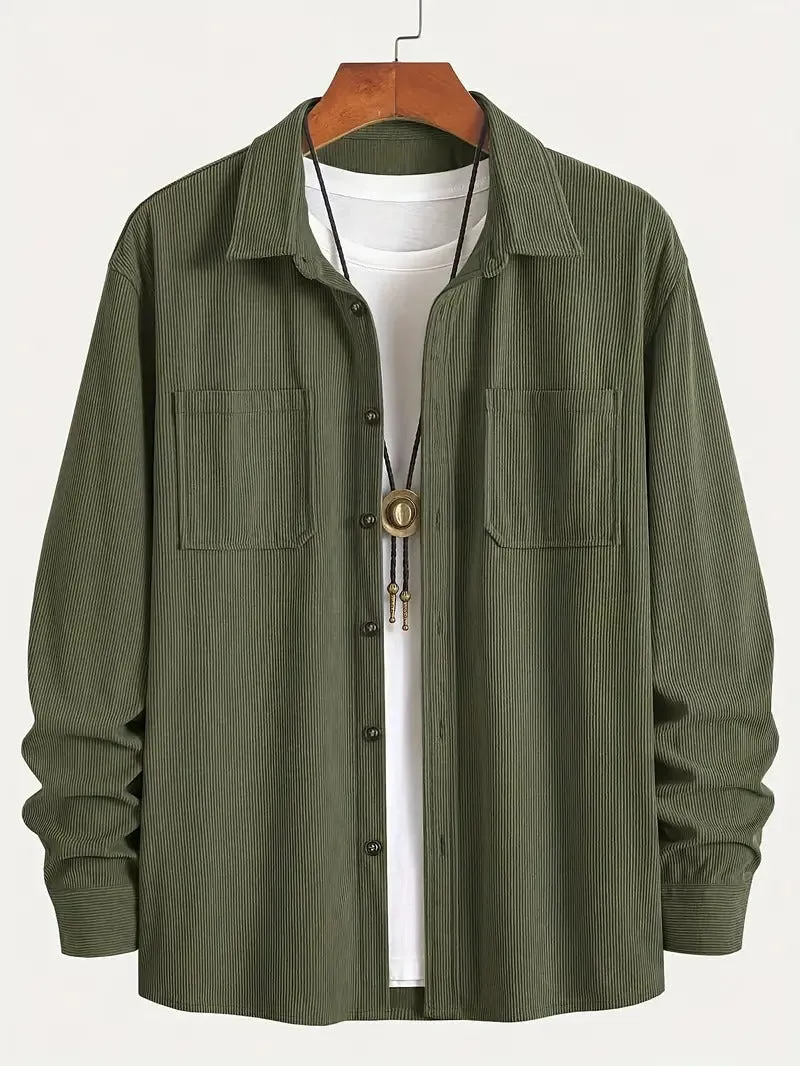 Men's corduroy button jacket in solid colour – army green, front view, with button closure and classic collar