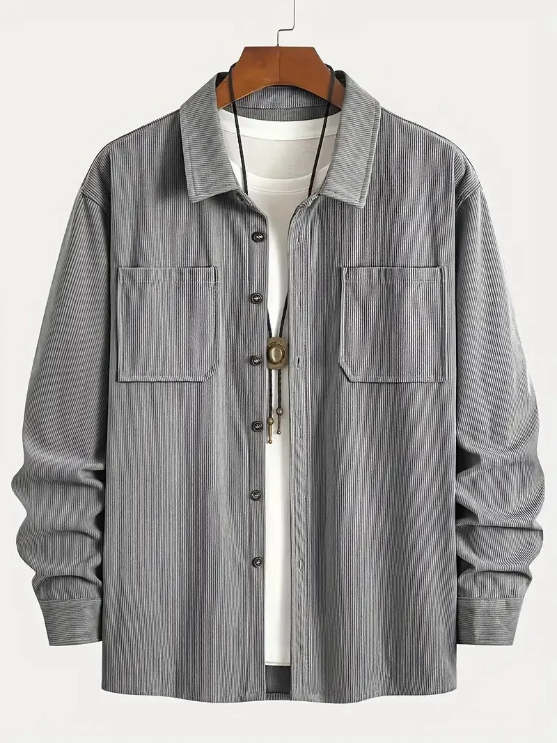 Men's corduroy button jacket in solid colour – army green, front view, with button closure and classic collar