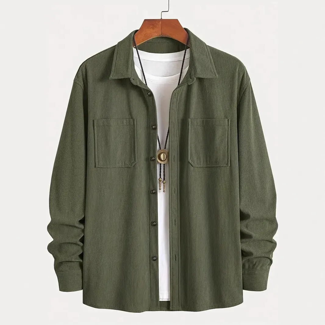 Men's corduroy button jacket in solid colour – army green, front view, with button closure and classic collar