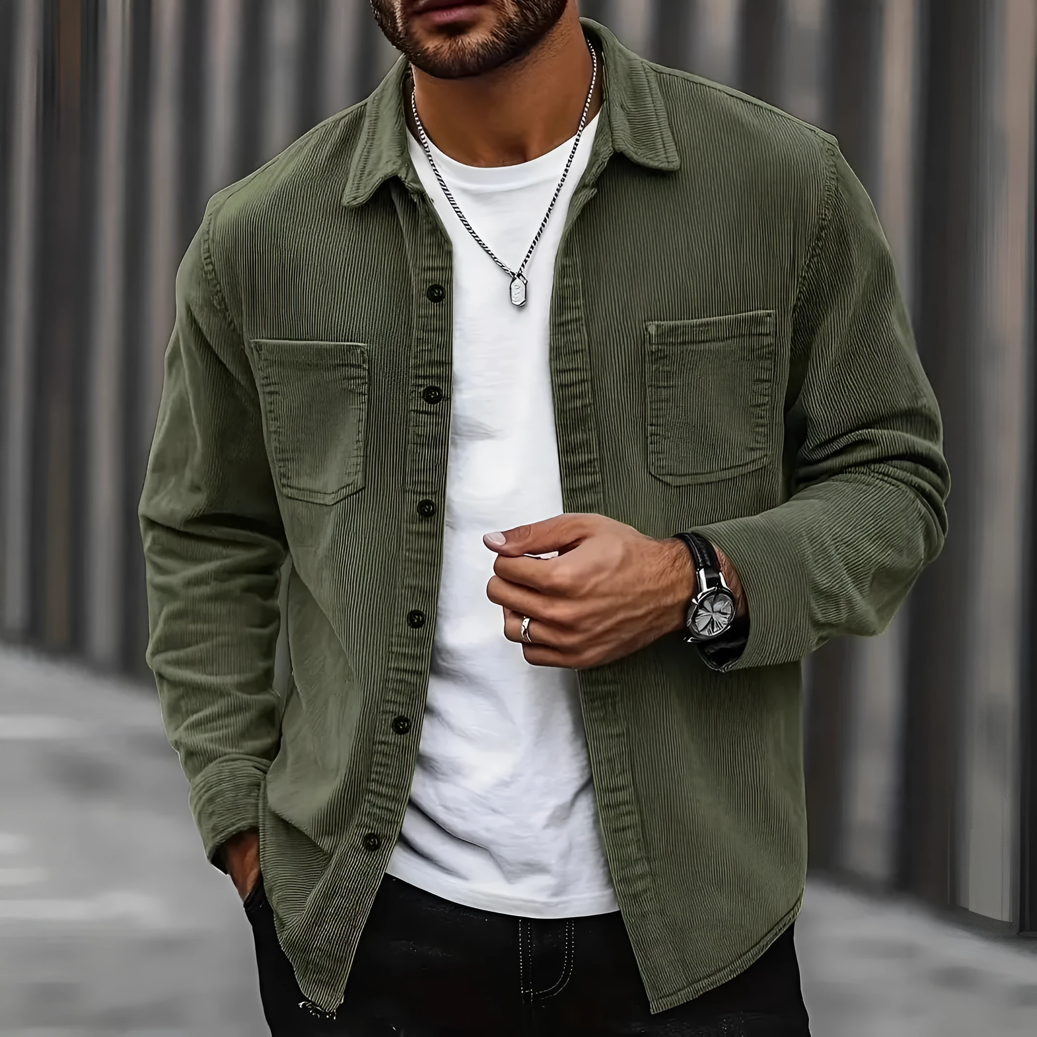Men's corduroy button jacket in solid colour – army green, front view, with button closure and classic collar
