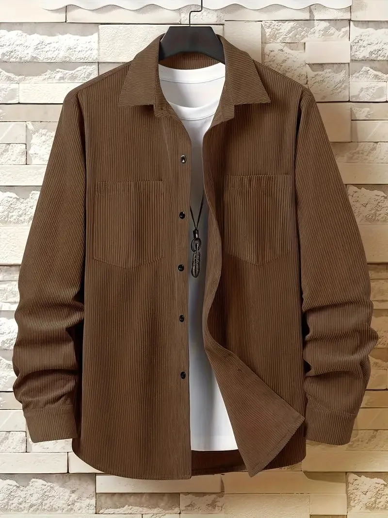 Men's corduroy button jacket in solid colour – army green, front view, with button closure and classic collar