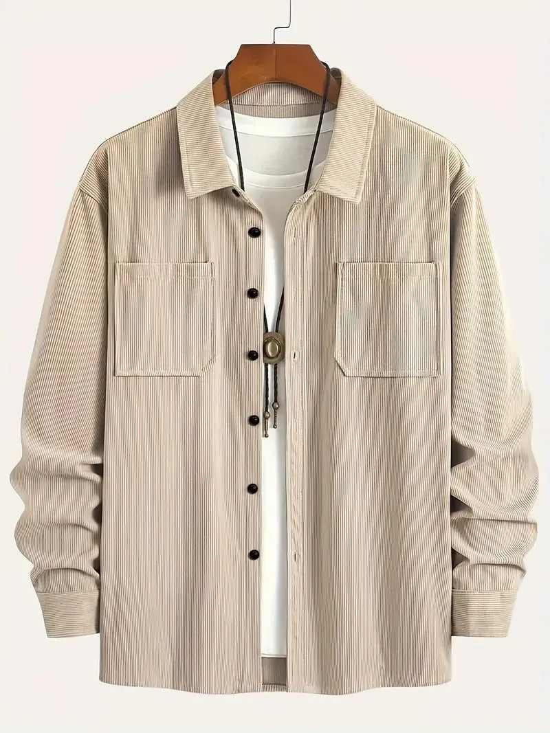 Men's corduroy button jacket in solid colour – army green, front view, with button closure and classic collar