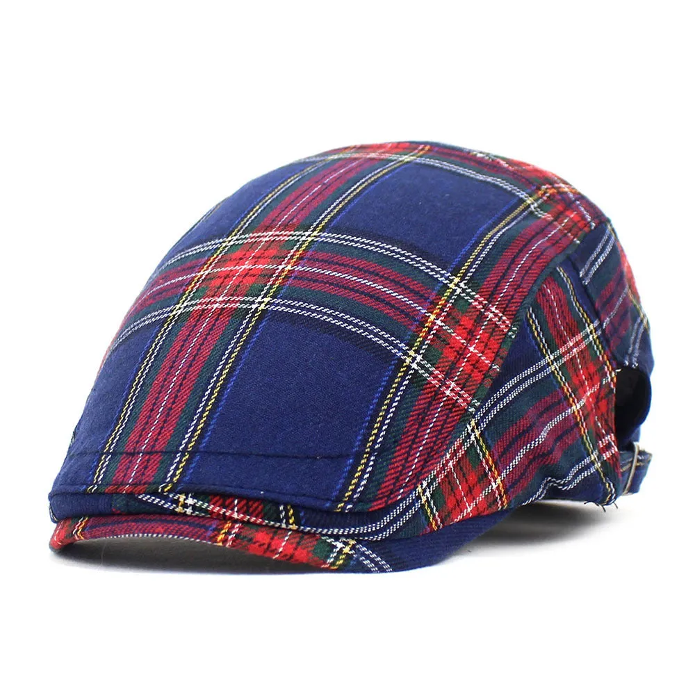 Retro plaid beret hat in navy blue with dome crown and curved brim for casual wear