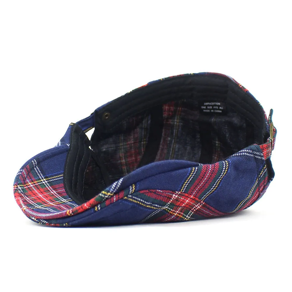 Retro plaid beret hat in navy blue with dome crown and curved brim for casual wear