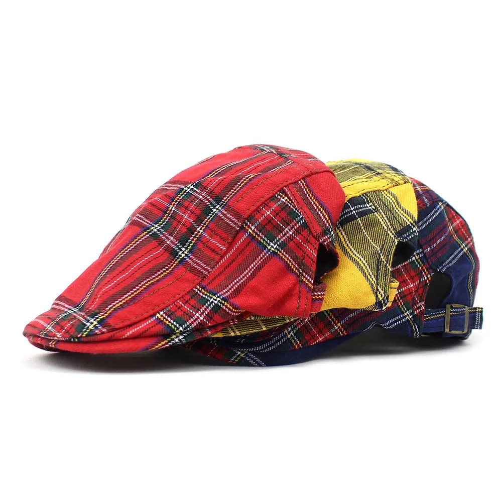 Retro plaid beret hat in navy blue with dome crown and curved brim for casual wear