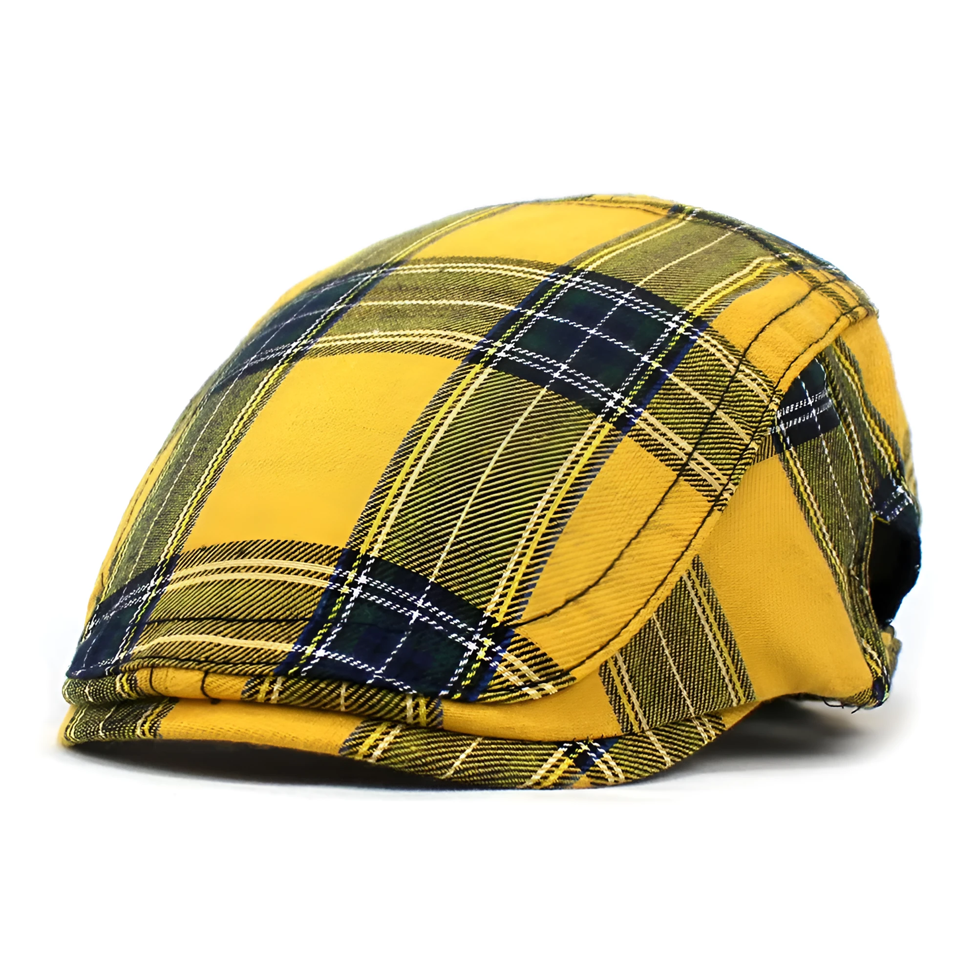 Retro plaid beret hat in navy blue with dome crown and curved brim for casual wear