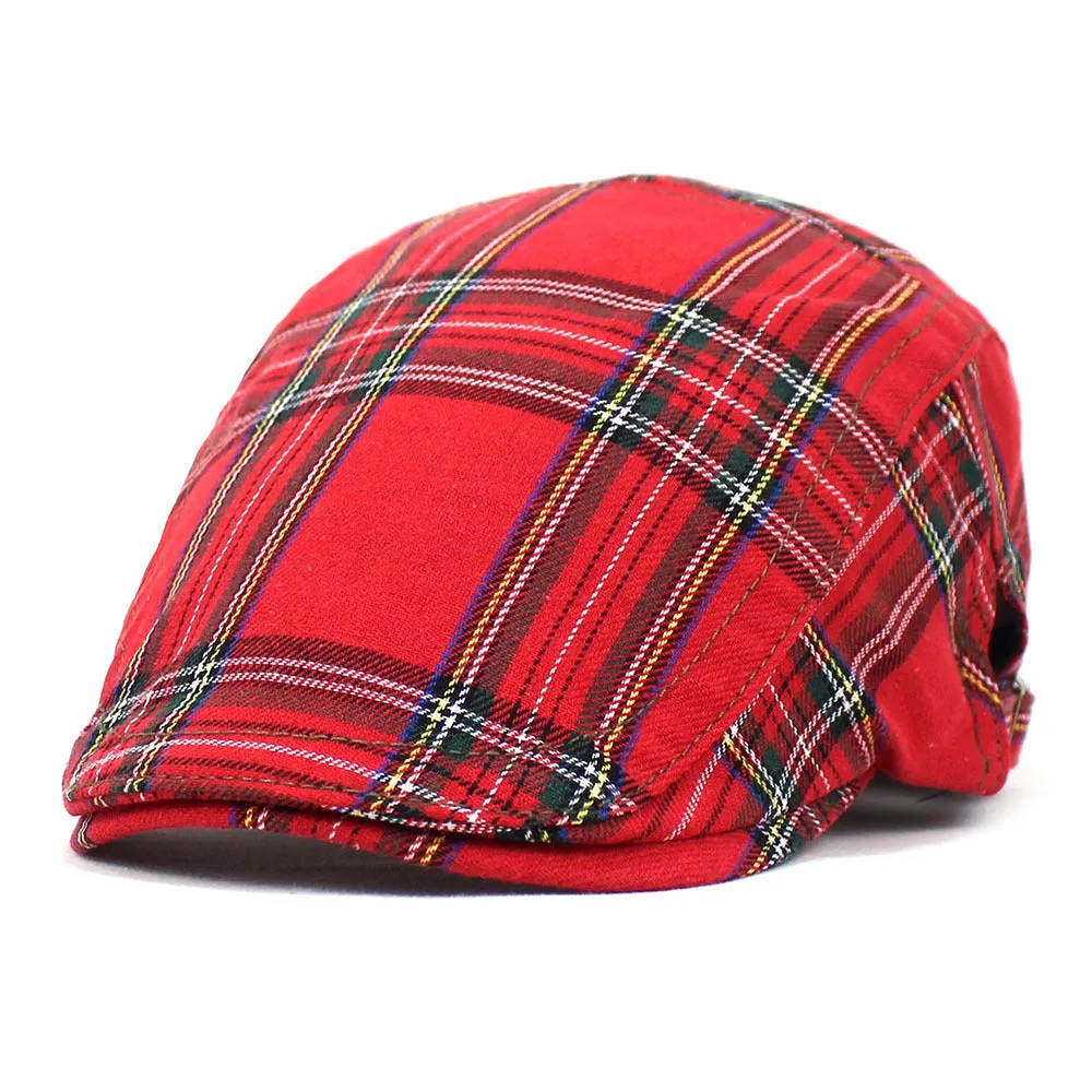Retro plaid beret hat in navy blue with dome crown and curved brim for casual wear