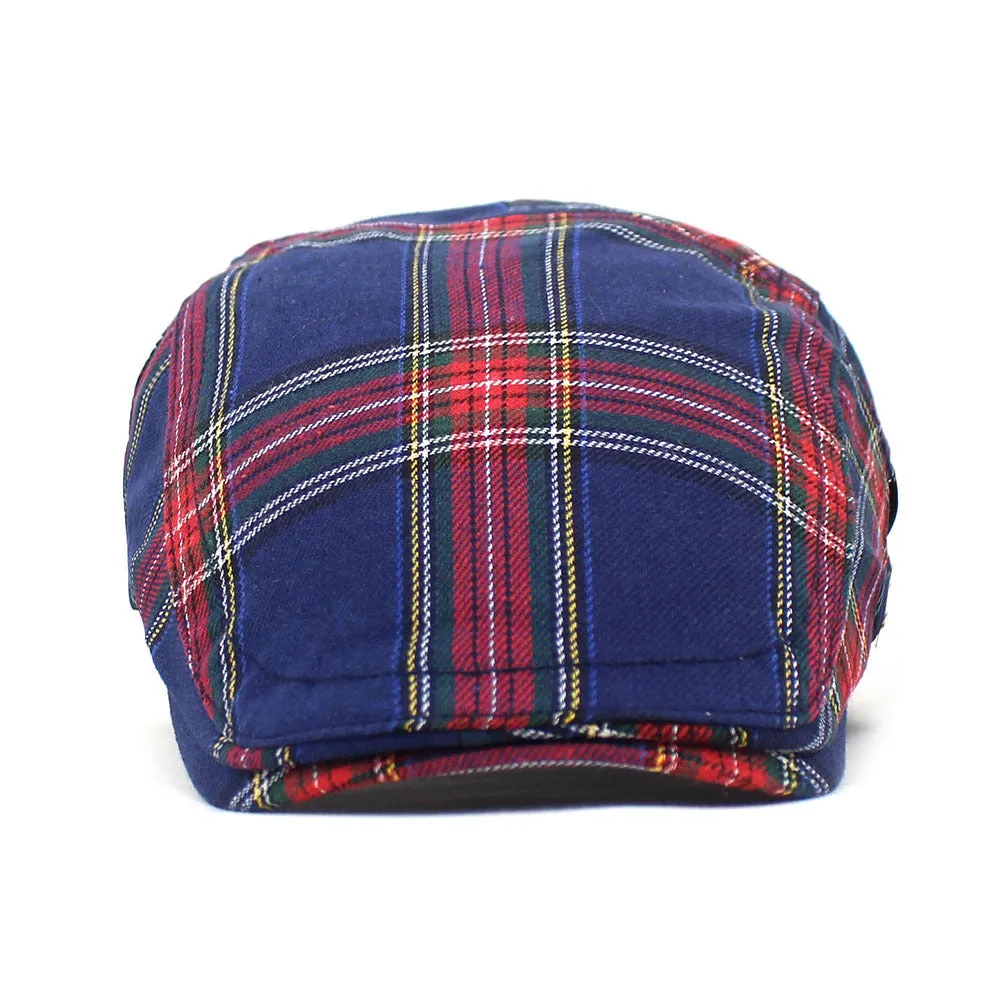 Retro plaid beret hat in navy blue with dome crown and curved brim for casual wear