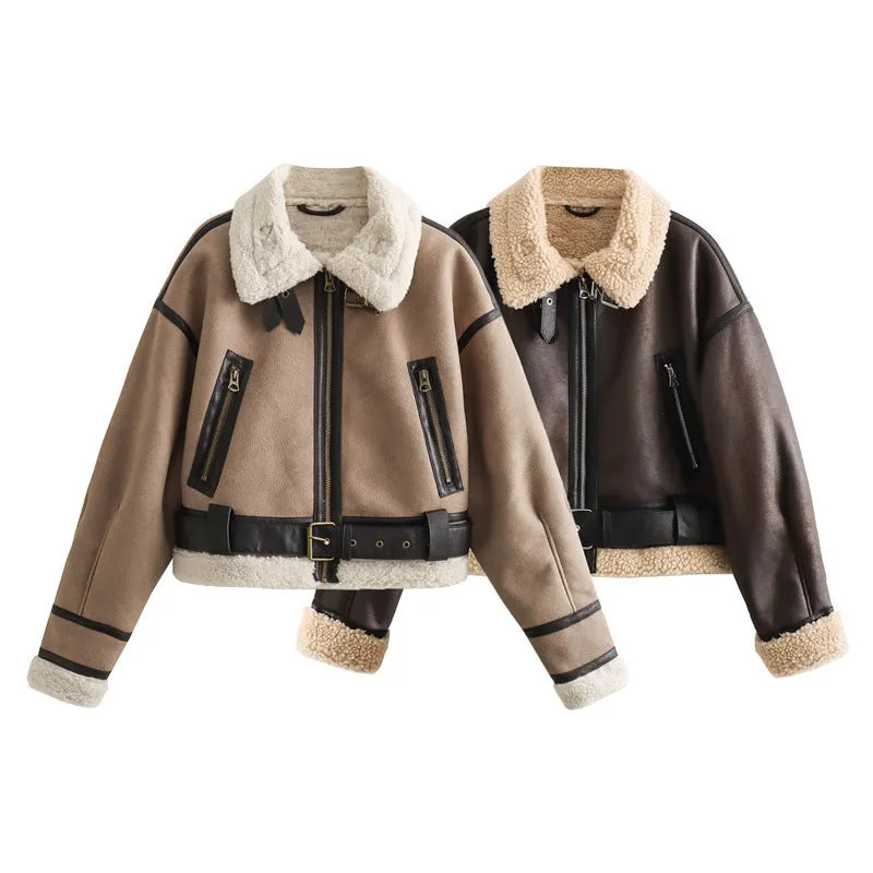 Women's loose long sleeve lamb wool splicing coat in khaki, PU fabric with zipper front