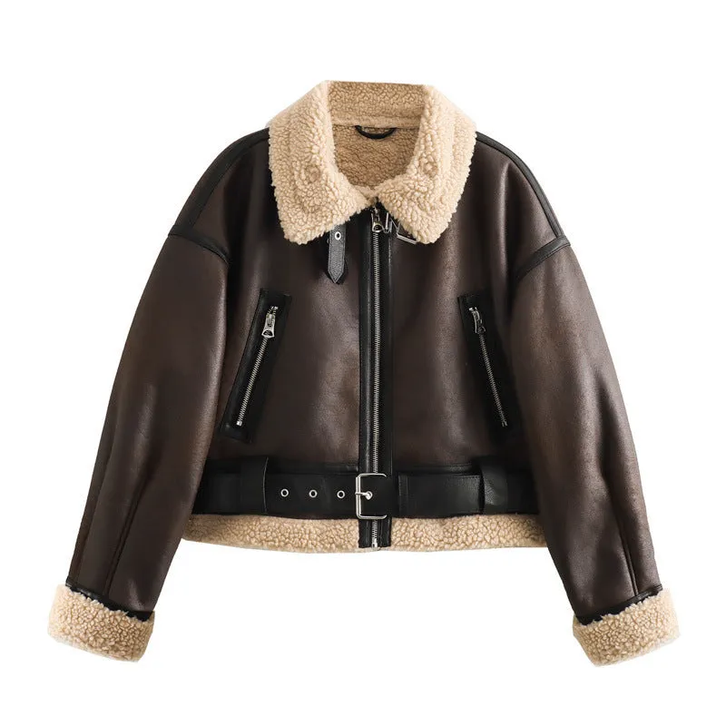 Women's loose long sleeve lamb wool splicing coat in khaki, PU fabric with zipper front