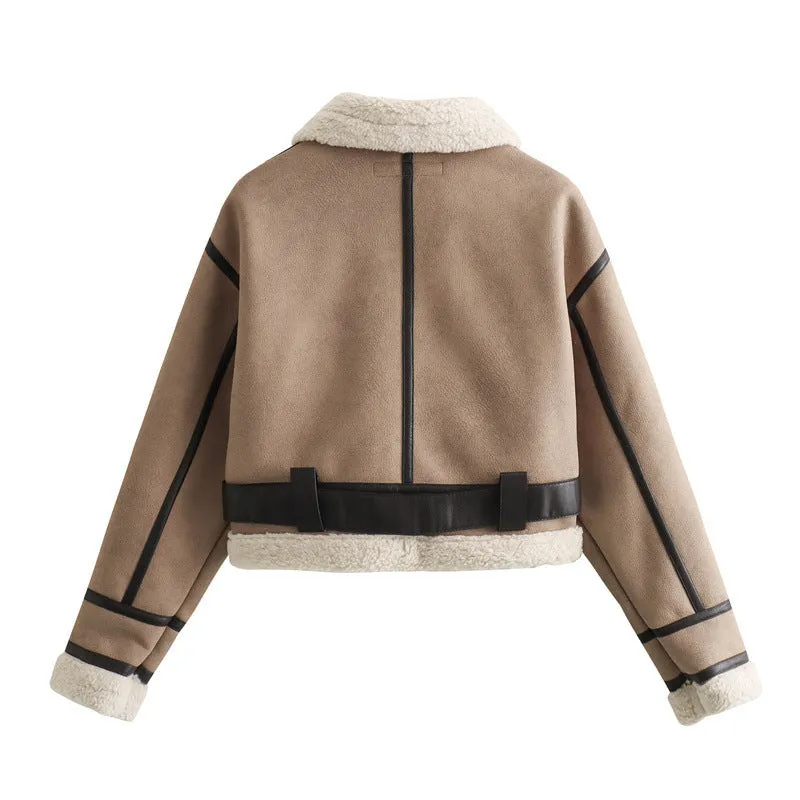 Women's loose long sleeve lamb wool splicing coat in khaki, PU fabric with zipper front