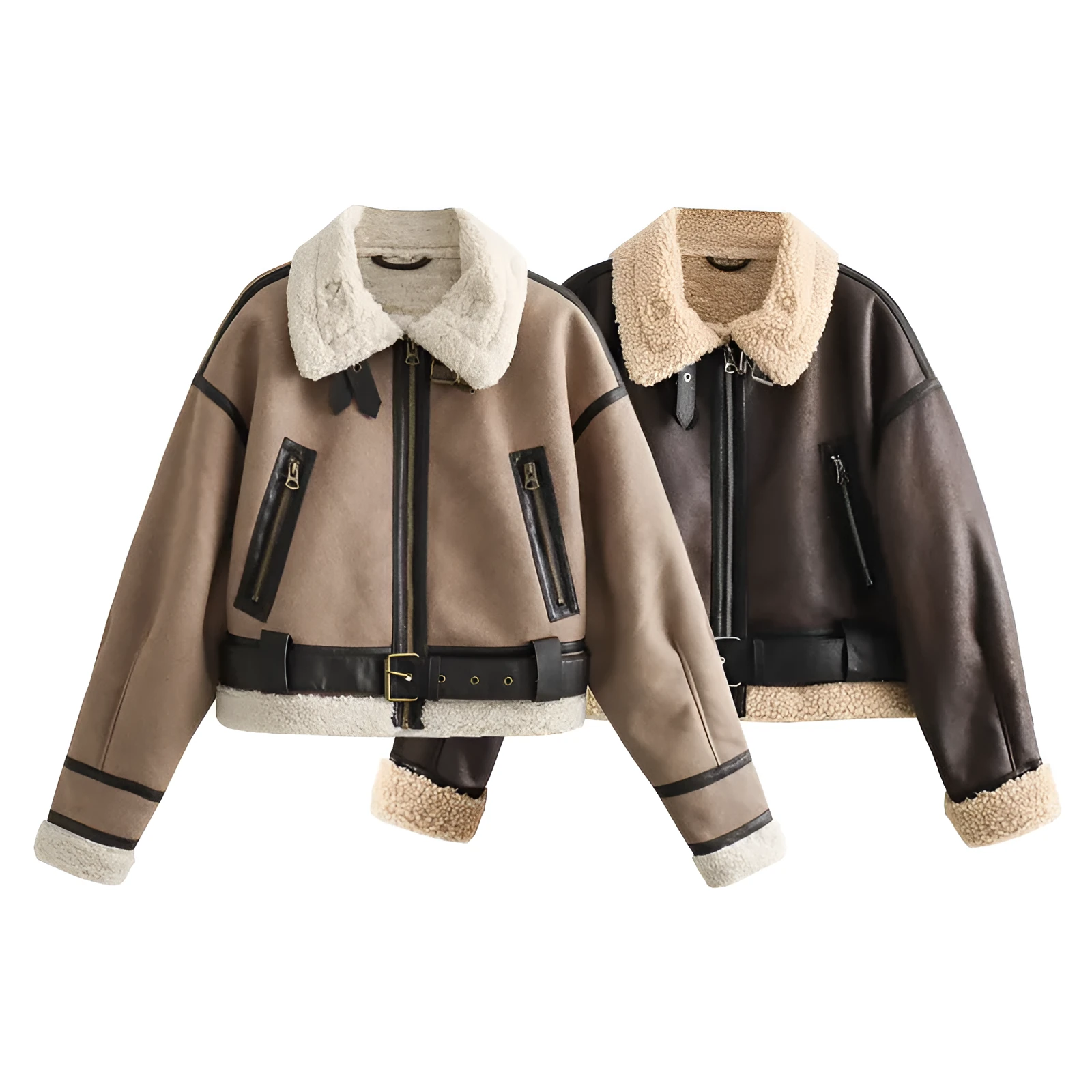 Women's loose long sleeve lamb wool splicing coat in khaki, PU fabric with zipper front