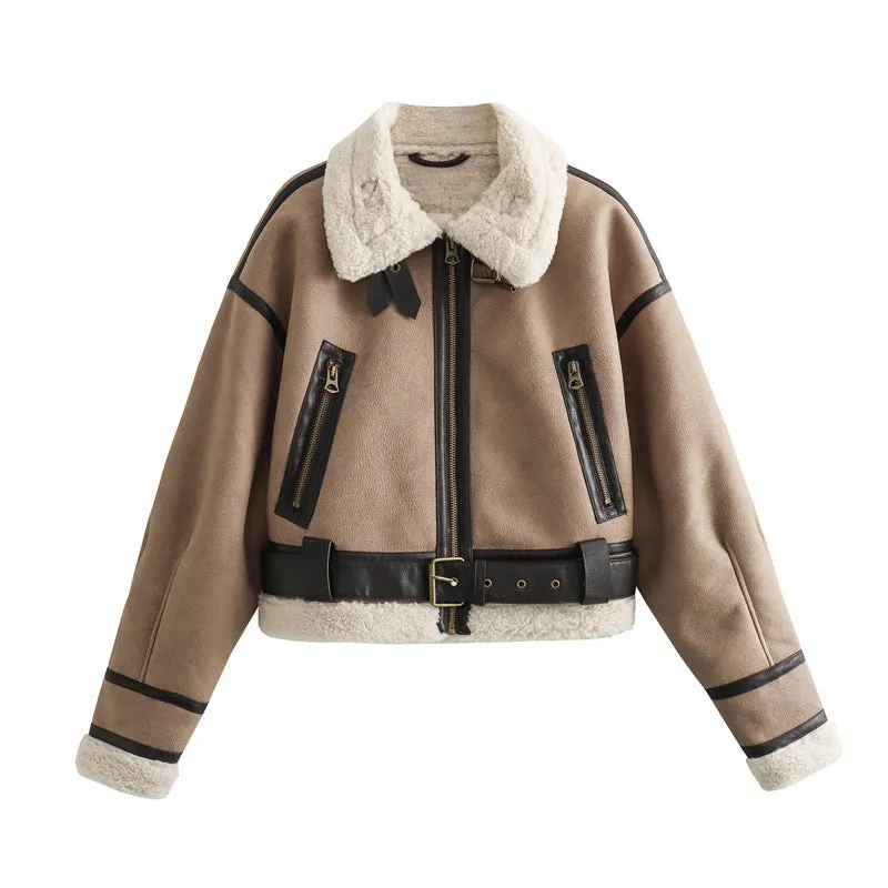 Women's loose long sleeve lamb wool splicing coat in khaki, PU fabric with zipper front
