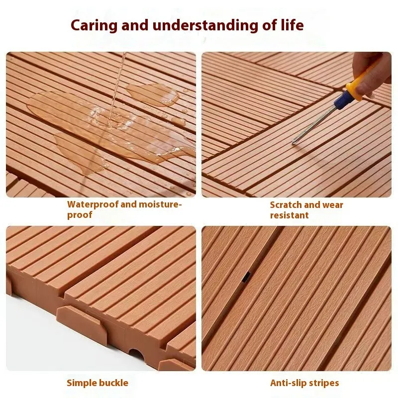 Plastic interlocking floor tile with wood grain finish and non-slip surface, 300mm x 300mm size