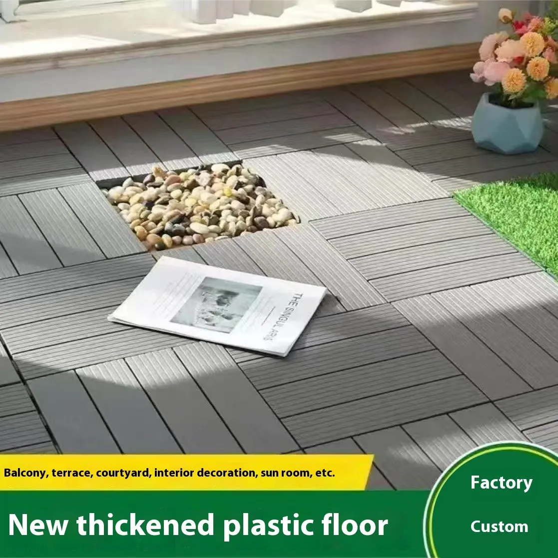 Plastic interlocking floor tile with wood grain finish and non-slip surface, 300mm x 300mm size