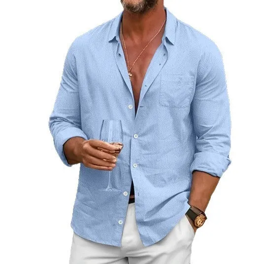 Men's loose linen cotton solid colour long sleeve casual shirt in khaki with lapel collar