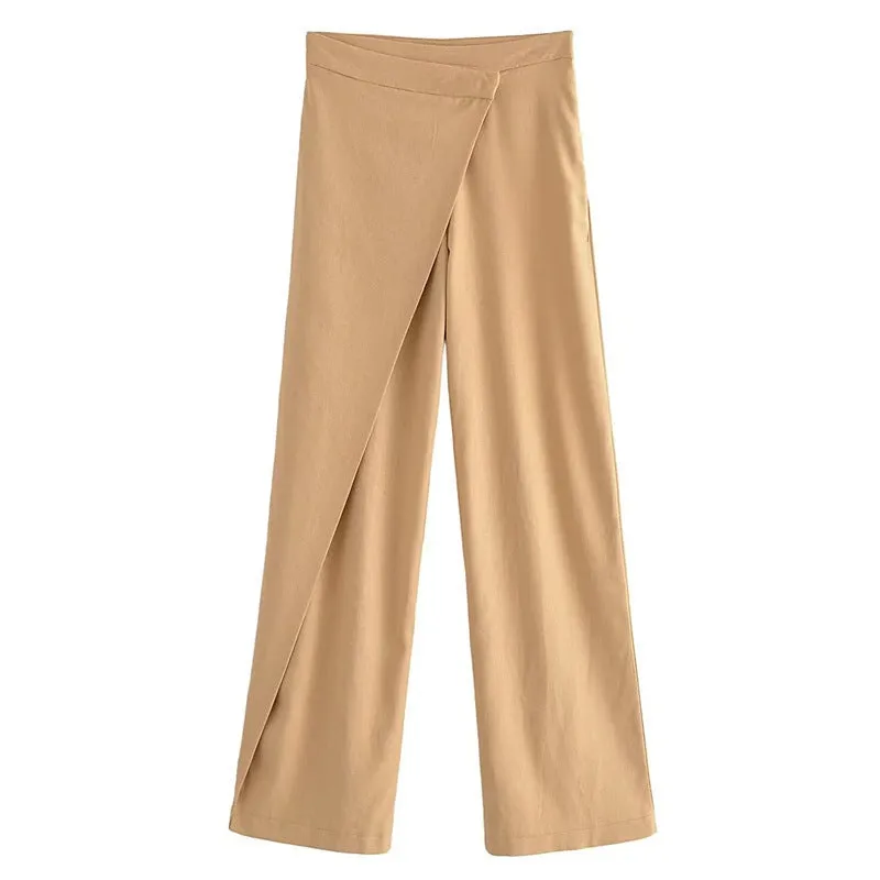 Women's casual straight linen trousers in khaki, mid-waist cotton blend with micro elasticity, sizes XS to L