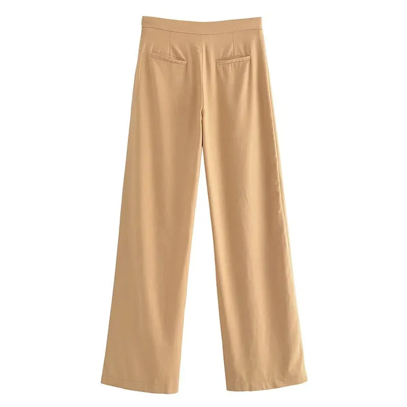Women's casual straight linen trousers in khaki, mid-waist cotton blend with micro elasticity, sizes XS to L