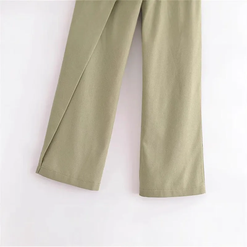 Women's casual straight linen trousers in khaki, mid-waist cotton blend with micro elasticity, sizes XS to L