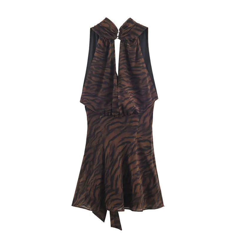 Animal print double breasted mini dress with asymmetric pleated skirt and long sleeves