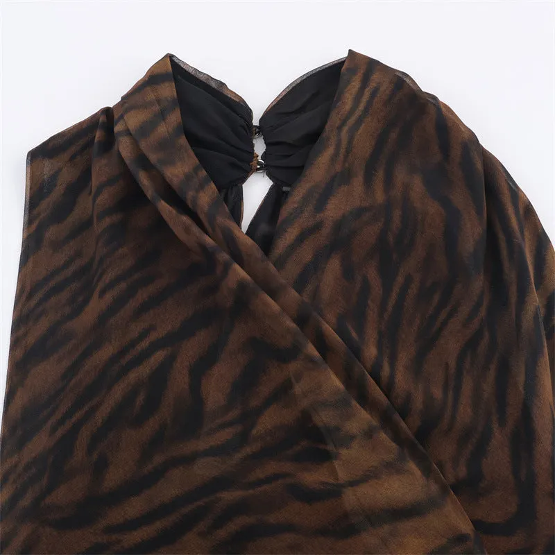 Animal print double breasted mini dress with asymmetric pleated skirt and long sleeves